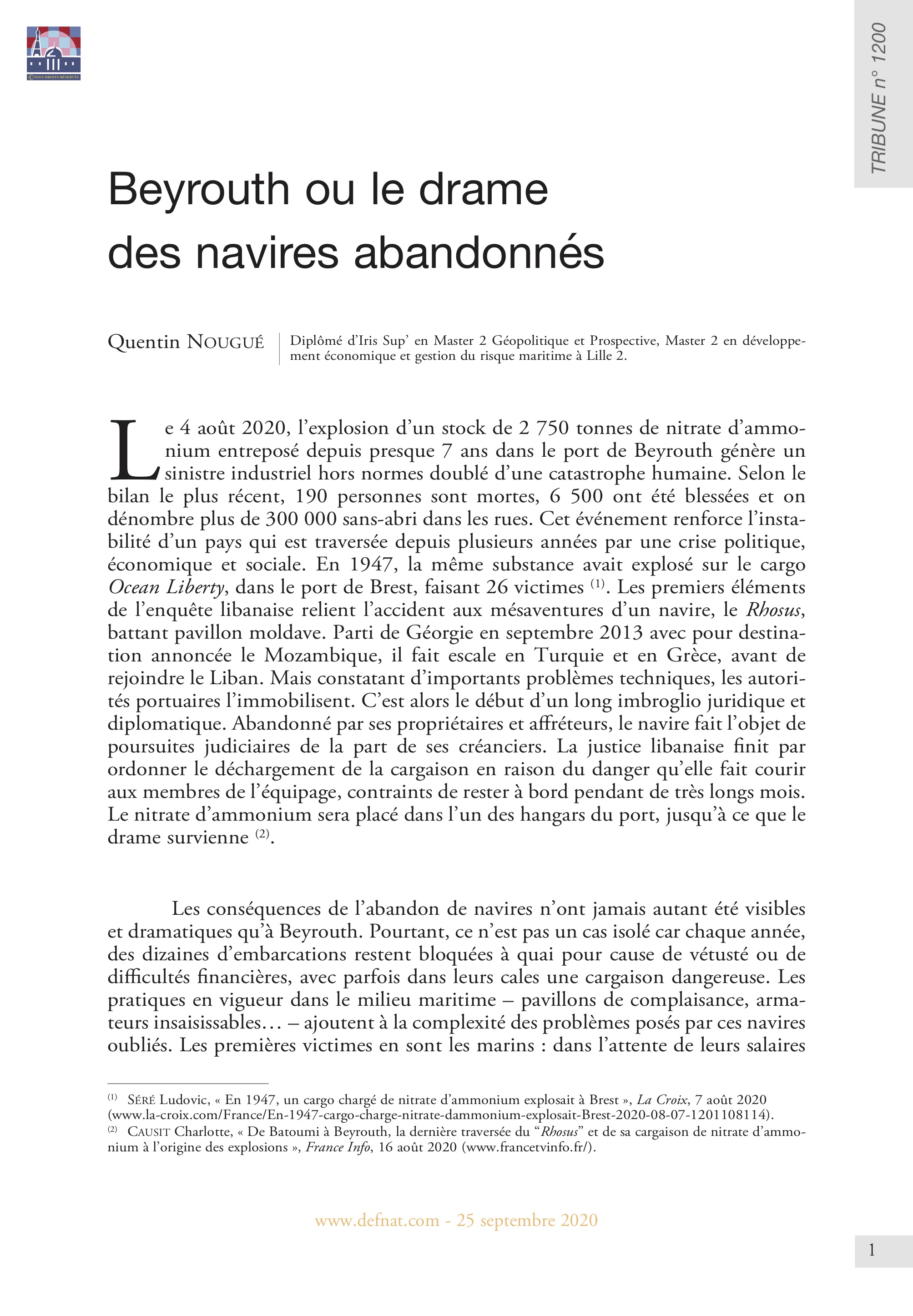 Beyrouth ou le drame des navires abandonnés (T 1200)
